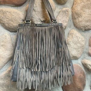 b.makowsky Bag*Sienna Charcoal Leather Suede Fringed Tote 13x15